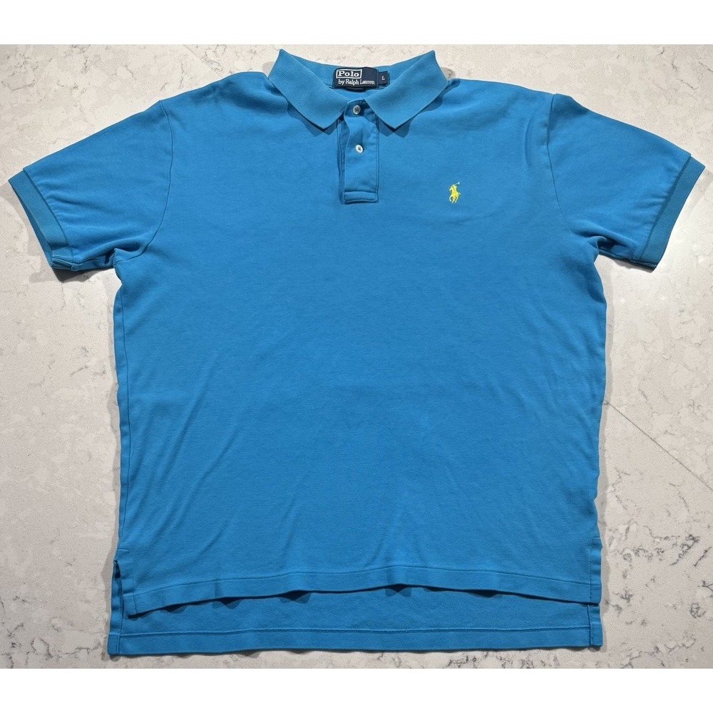 Polo Ralph Lauren Shirt Mens Large Blue Short Sleeve Cotton Preppy Yellow Pony